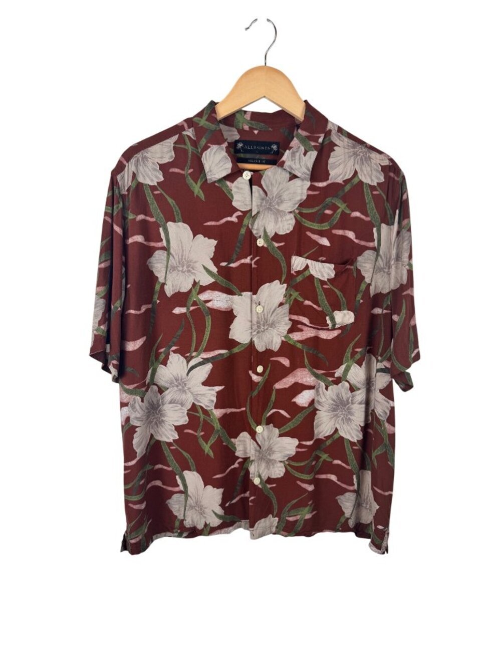 AllSaints Mens Relaxed Fit Climber SS Shirt Floral Print Size Large Brown
